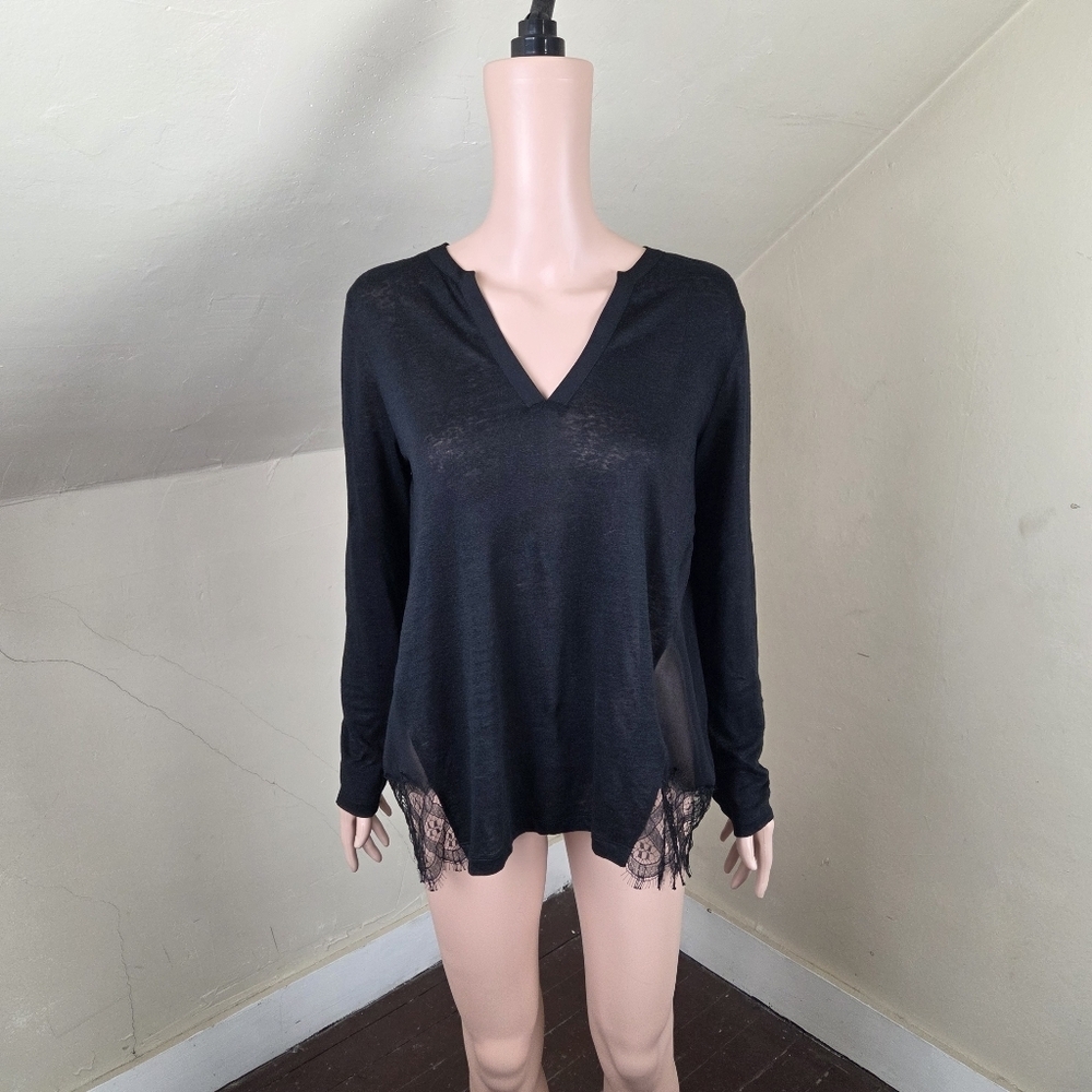 Sandro Paris Black Sheer Lace Hem Blouse Size 1 US S Linen Blend Long Sleeve